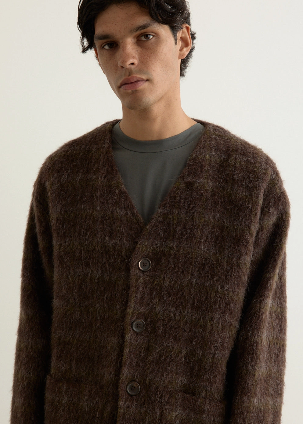 Hairy Check Wool Cardigan Aramid Fiber Blend