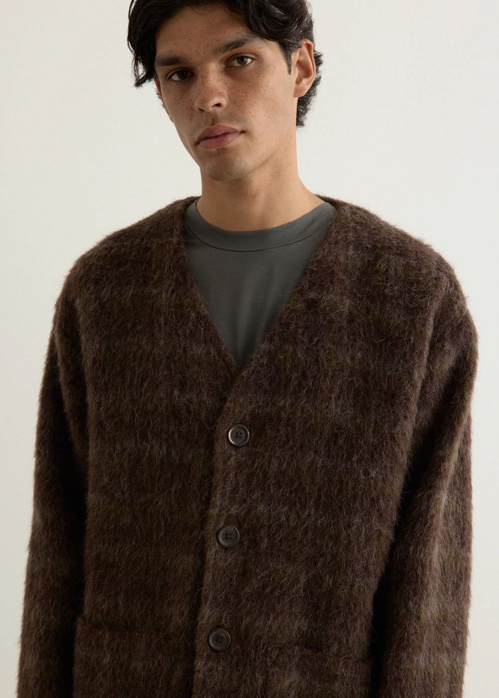 Hairy Check Wool Cardigan Airy Piece Everyday Pair