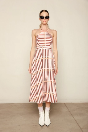 Quilted-Lining St. Tropez Midi Dress in Coral Reef Stripe