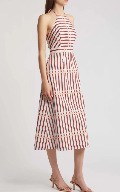 FoldablePackaging Sleek Presence St. Tropez Midi Dress in Coral Reef Stripe