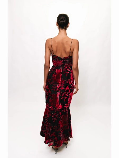 garden wedding Daily Confidence Tylia Ruched Maxi Dress in Black/Red Chinoiserie Bouquet