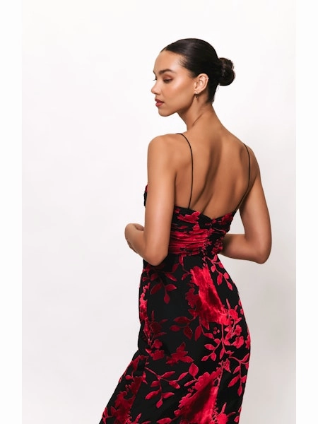 Nature Bloom Bright-Hue Tylia Ruched Maxi Dress in Black/Red Chinoiserie Bouquet