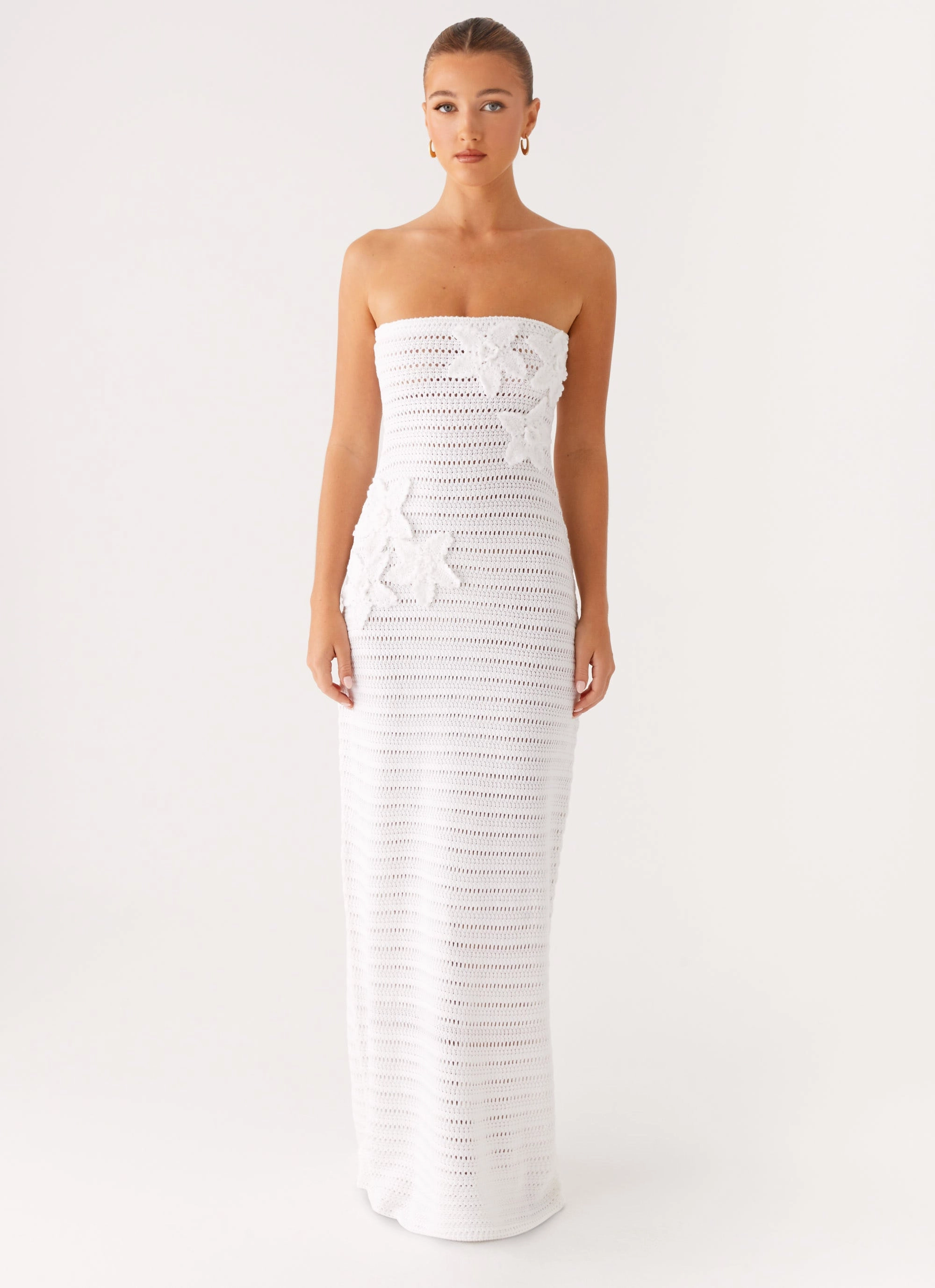 Diaz Crochet Maxi Dress - White Buckle-Detail