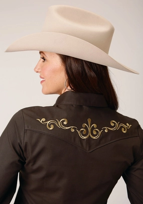 Roper Womens Solid Broadcloth Deep Chocolate Cotton Blend L/S Shirt Cool Comfort Glossy Texture