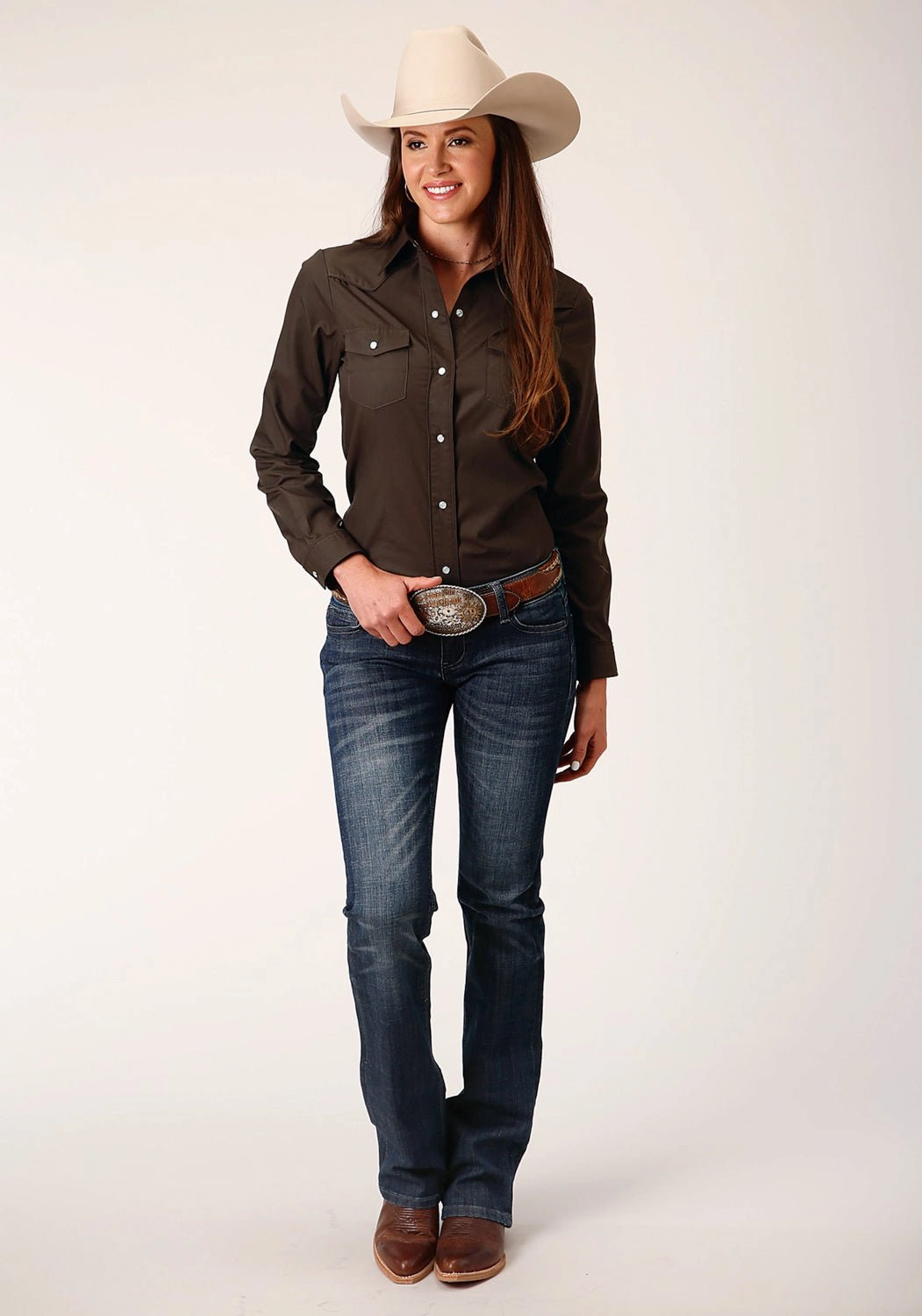 Eco Friendly Production Weekend Outing Roper Womens Solid Broadcloth Deep Chocolate Cotton Blend L/S Shirt