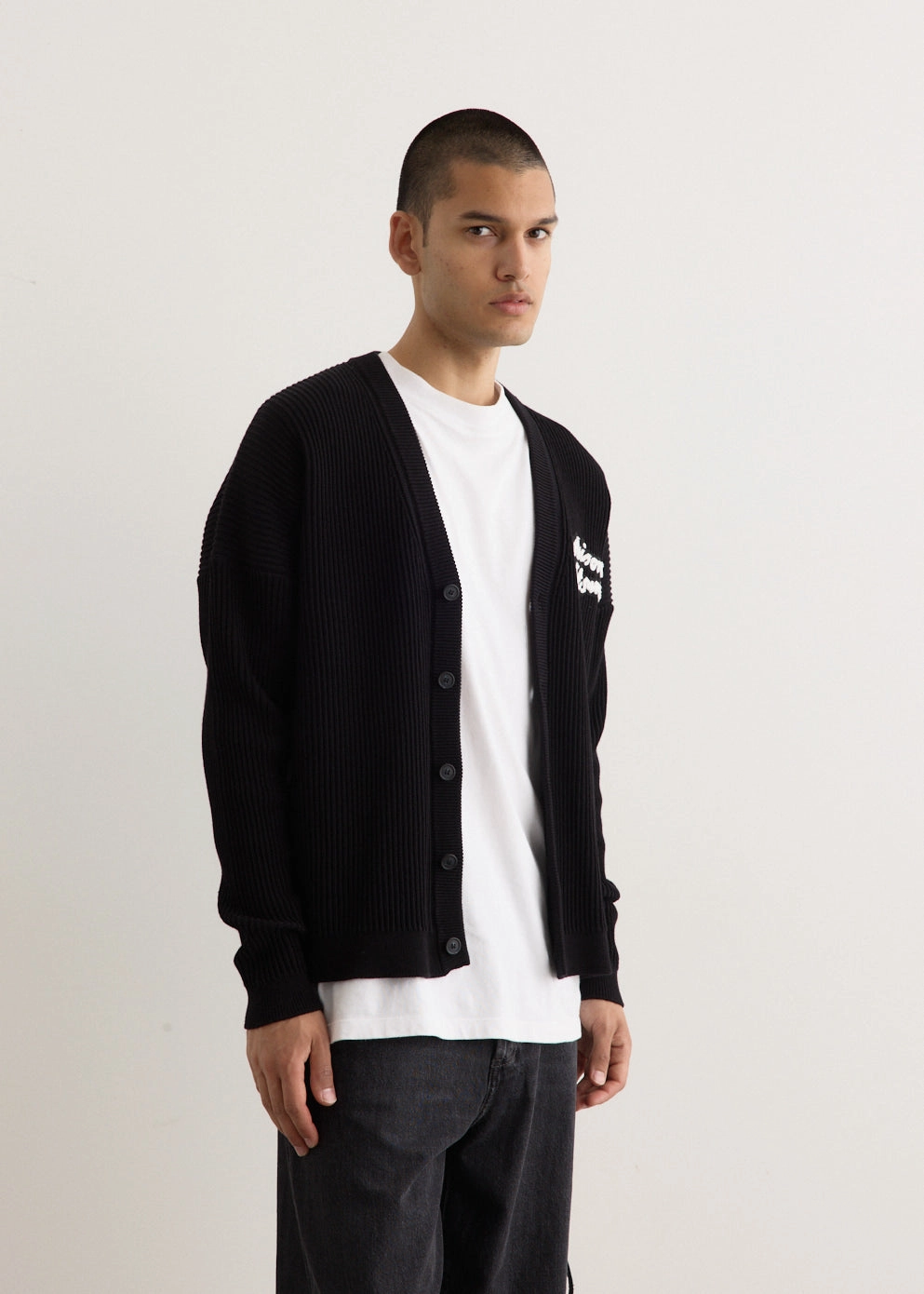 Handwriting Comfort Ribbed Cardigan Embellished Trim Sporty Casual