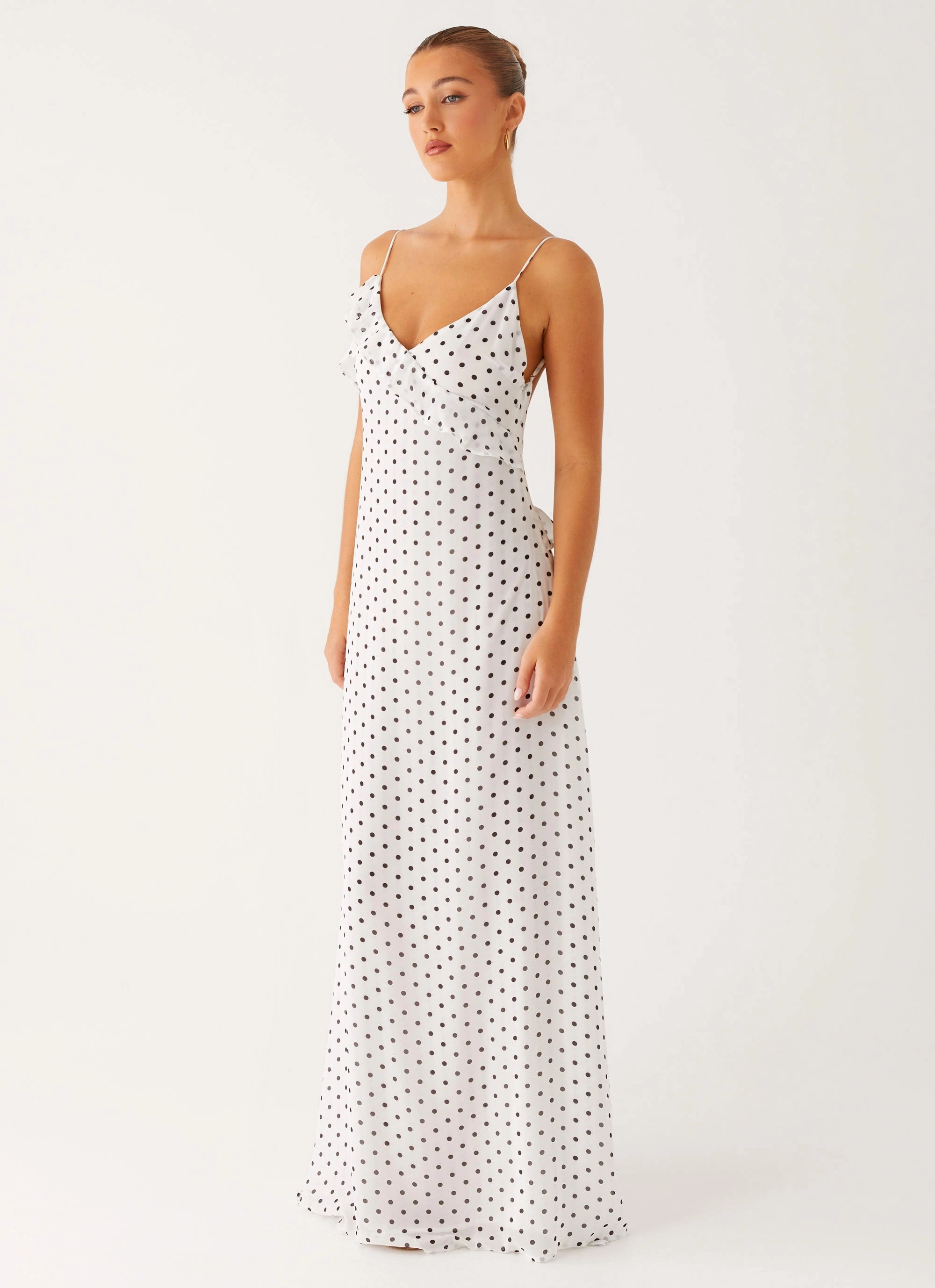 Harri Maxi Dress - White Polka Dot Lace Accent Statement-Piece