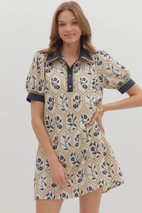 Light Bow Button-Cuff Hazel Floral Printed Mini Dress