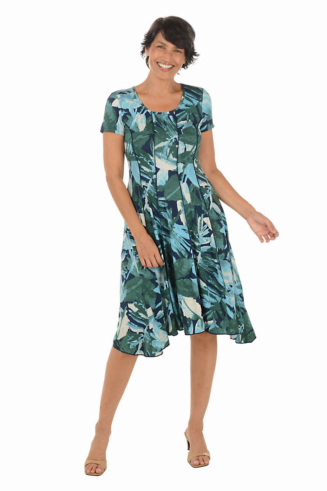 Hazy Ferns Short Sleeve Seamed Dress Gathered-Detail