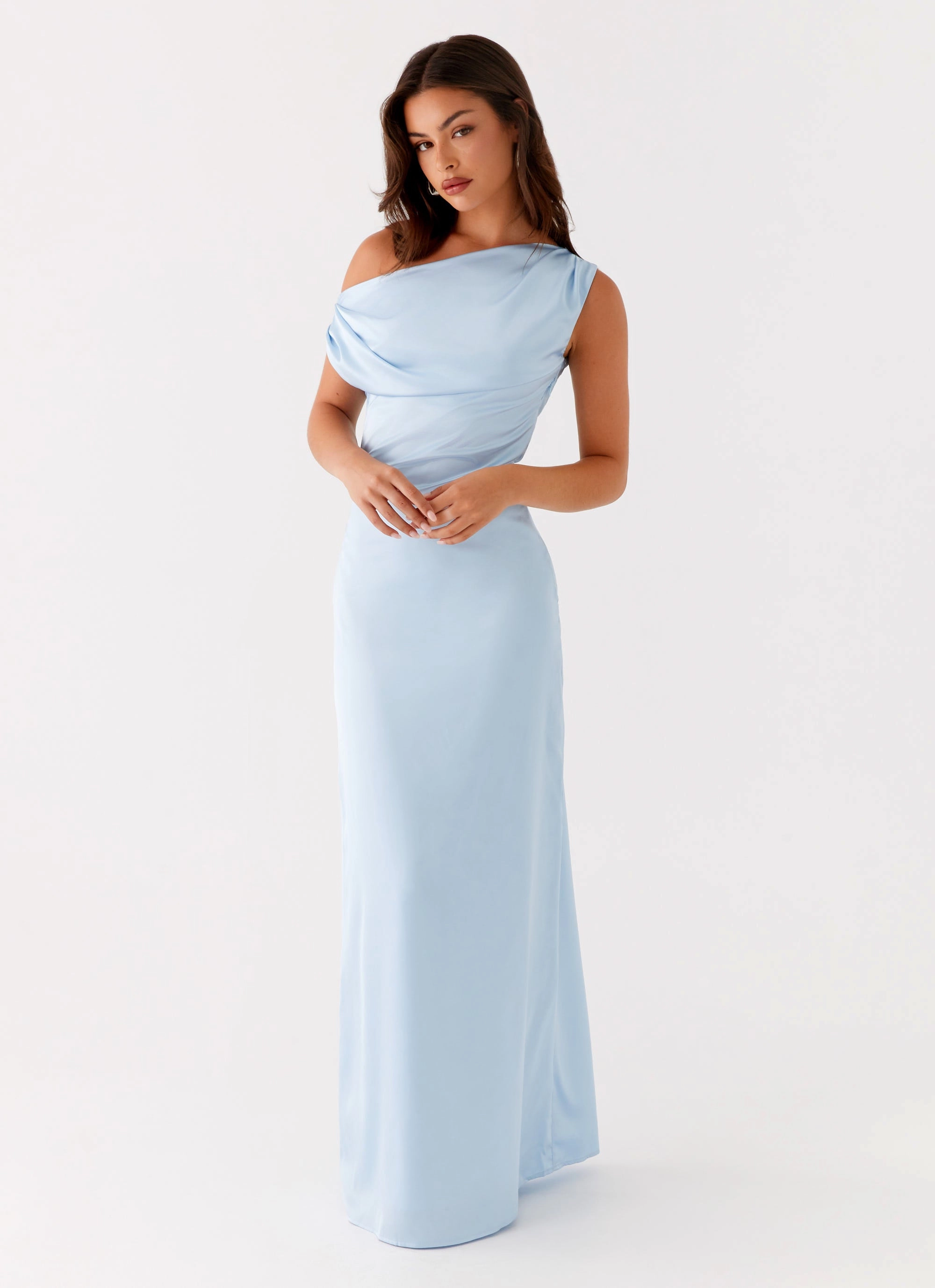 Polished Mood Graceful Ease Heart Of Glass Satin Maxi Dress - Blue