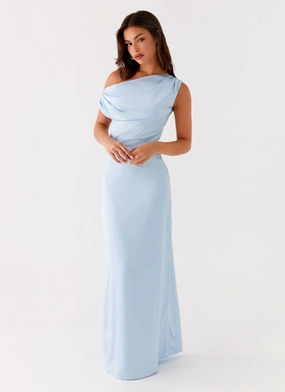 Polished Mood Graceful Ease Heart Of Glass Satin Maxi Dress - Blue