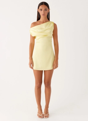 Heart Of Glass Satin Mini Dress - Yellow Glam Feel Soft Cut