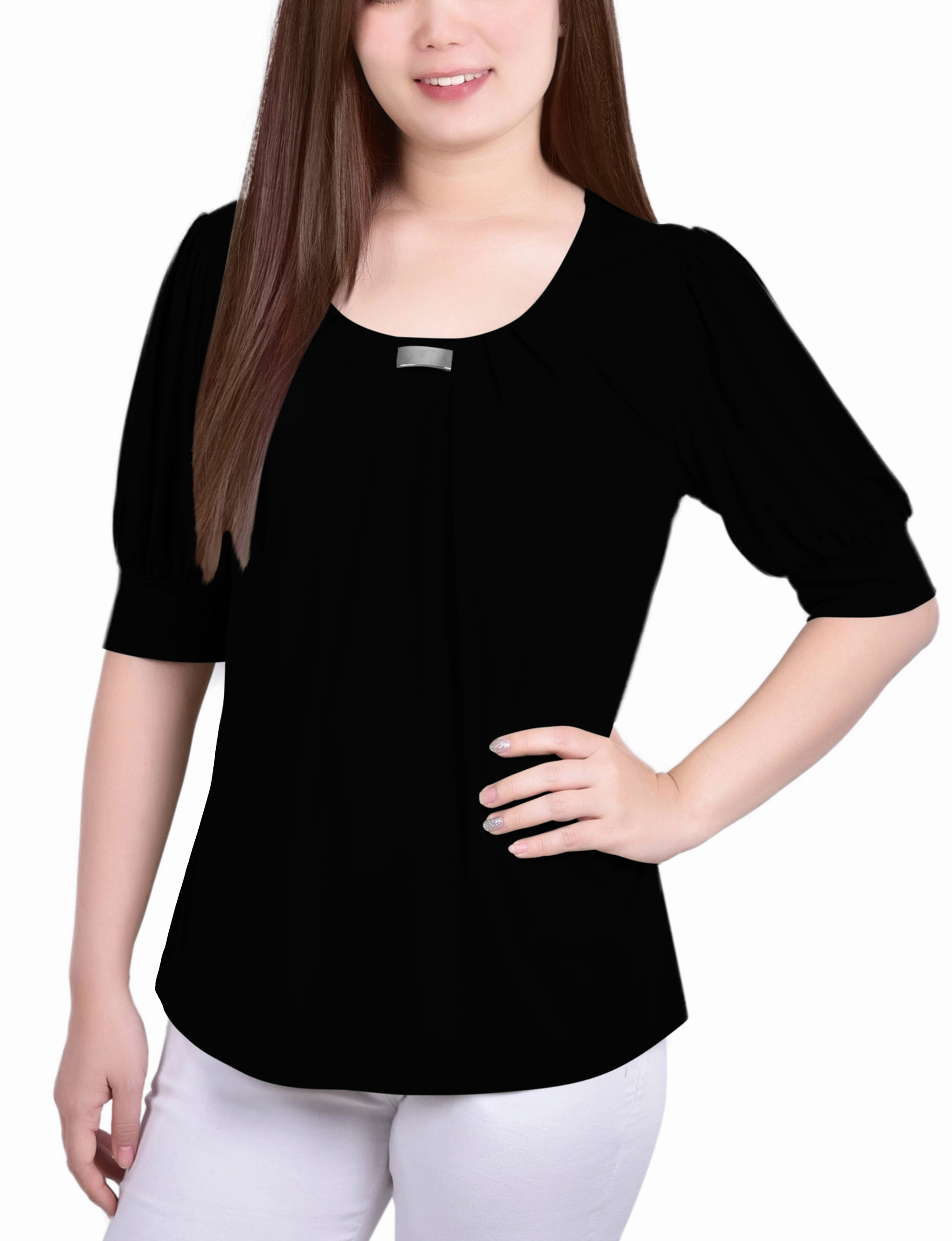 Gentle Fit DoubleLayered Edging Short Sleeve Balloon Sleeve Top With Hardware