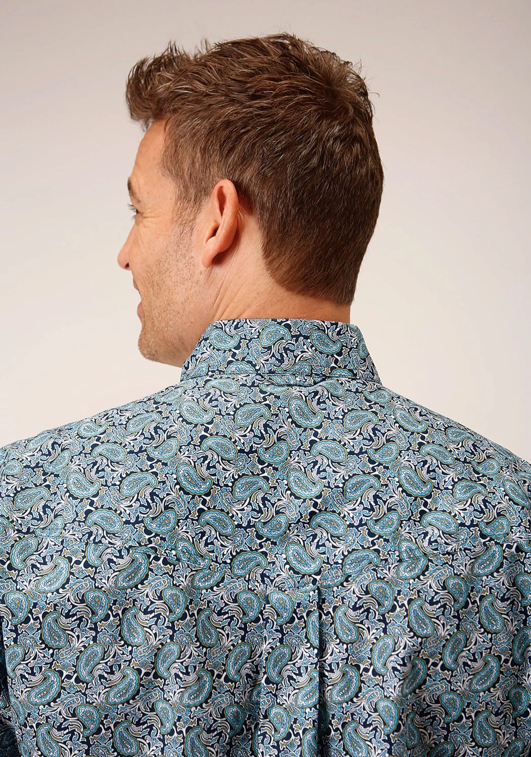 Ergonomic Back Panel Roper Mens Peacock Paisley Blue 100% Cotton L/S Shirt