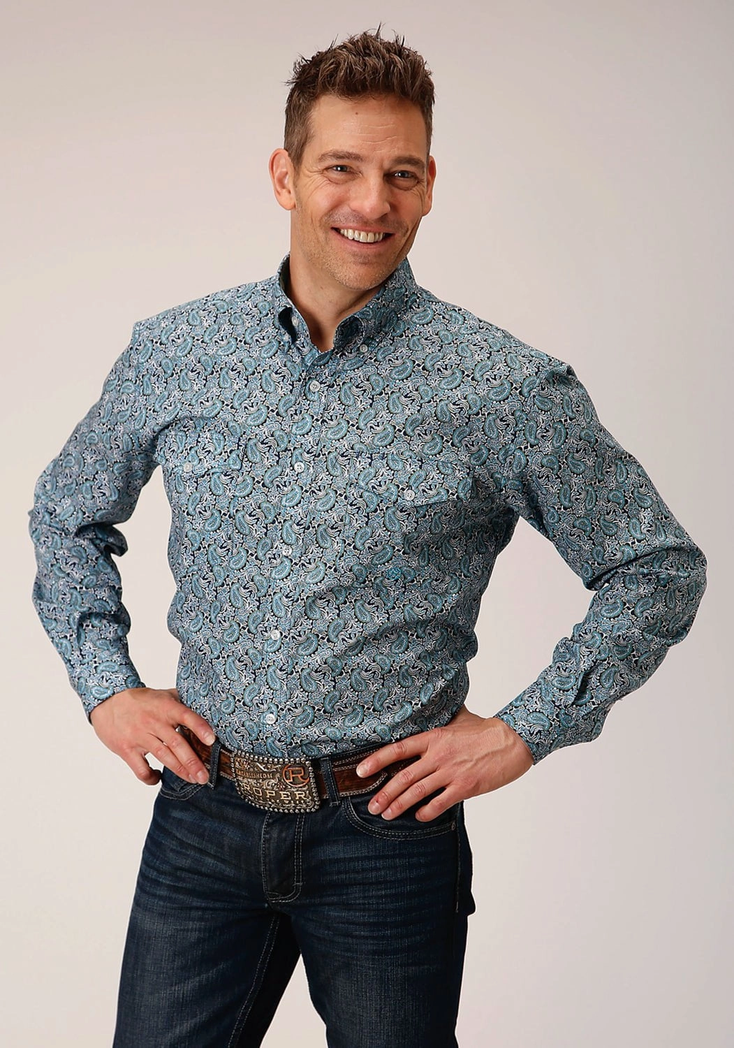 Roper Mens Peacock Paisley Blue 100% Cotton L/S Shirt Classic Design Premium Pima Cotton