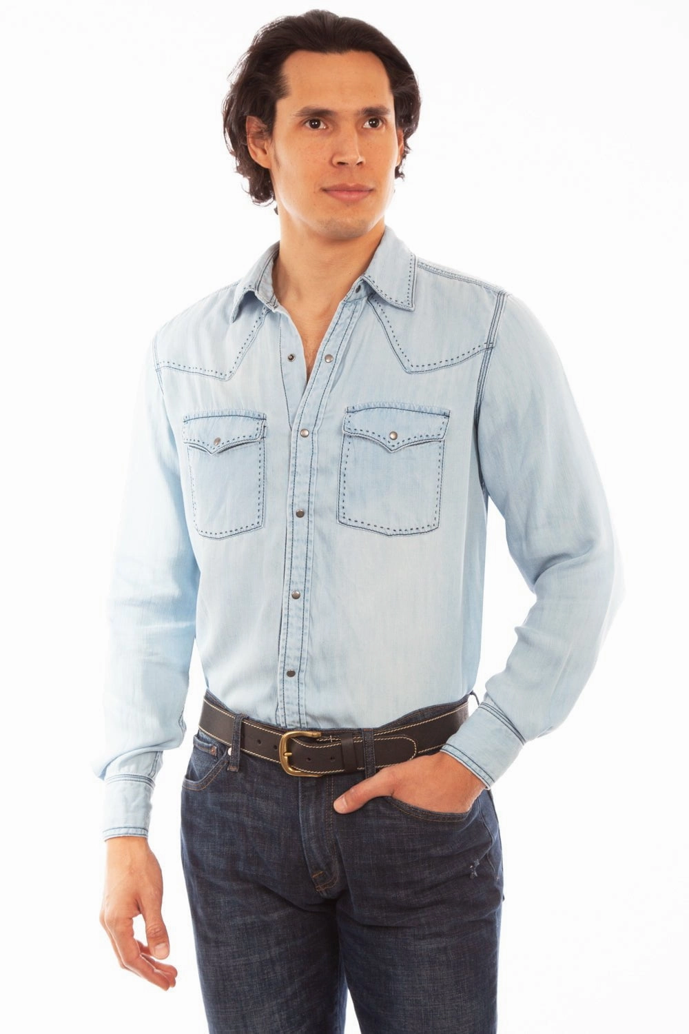 Trendy Vibes High-End Fabric Scully Mens Light Blue 100% Tencel Western L/S Shirt