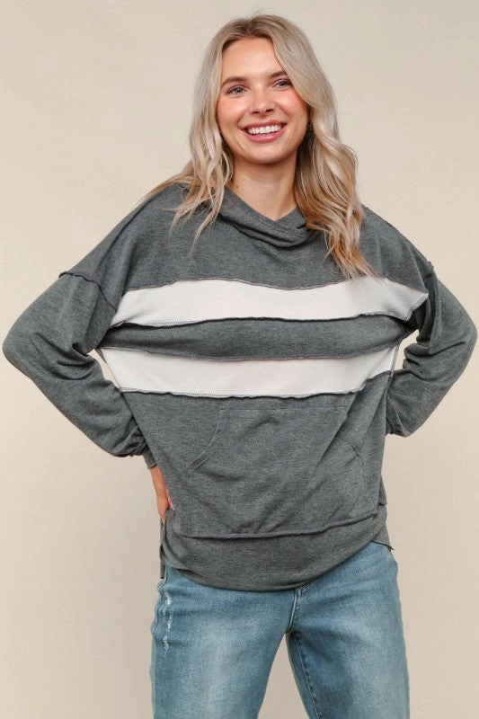 color blocking Thermal Regulation Fabric Henley Hoodie Pullover Top W/kangaroo Pocket