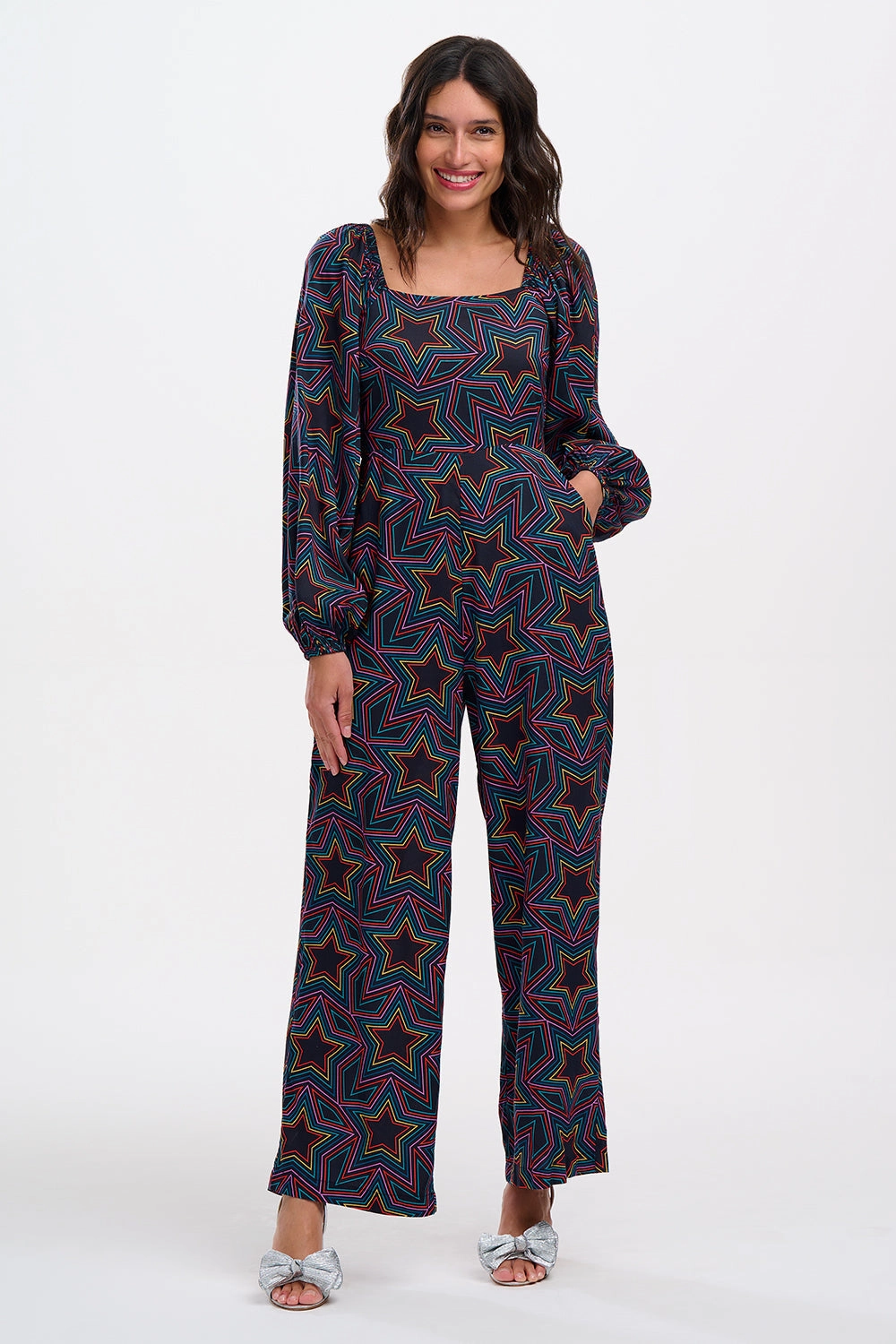 Hestia Shirred Jumpsuit in Rainbow Star Explosion Flattering Look Wear