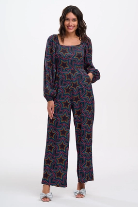 Hestia Shirred Jumpsuit in Rainbow Star Explosion Flattering Look Wear