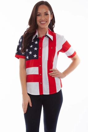 Retro Vibe Scully Womens Red 100% Cotton Flag S/S Shirt