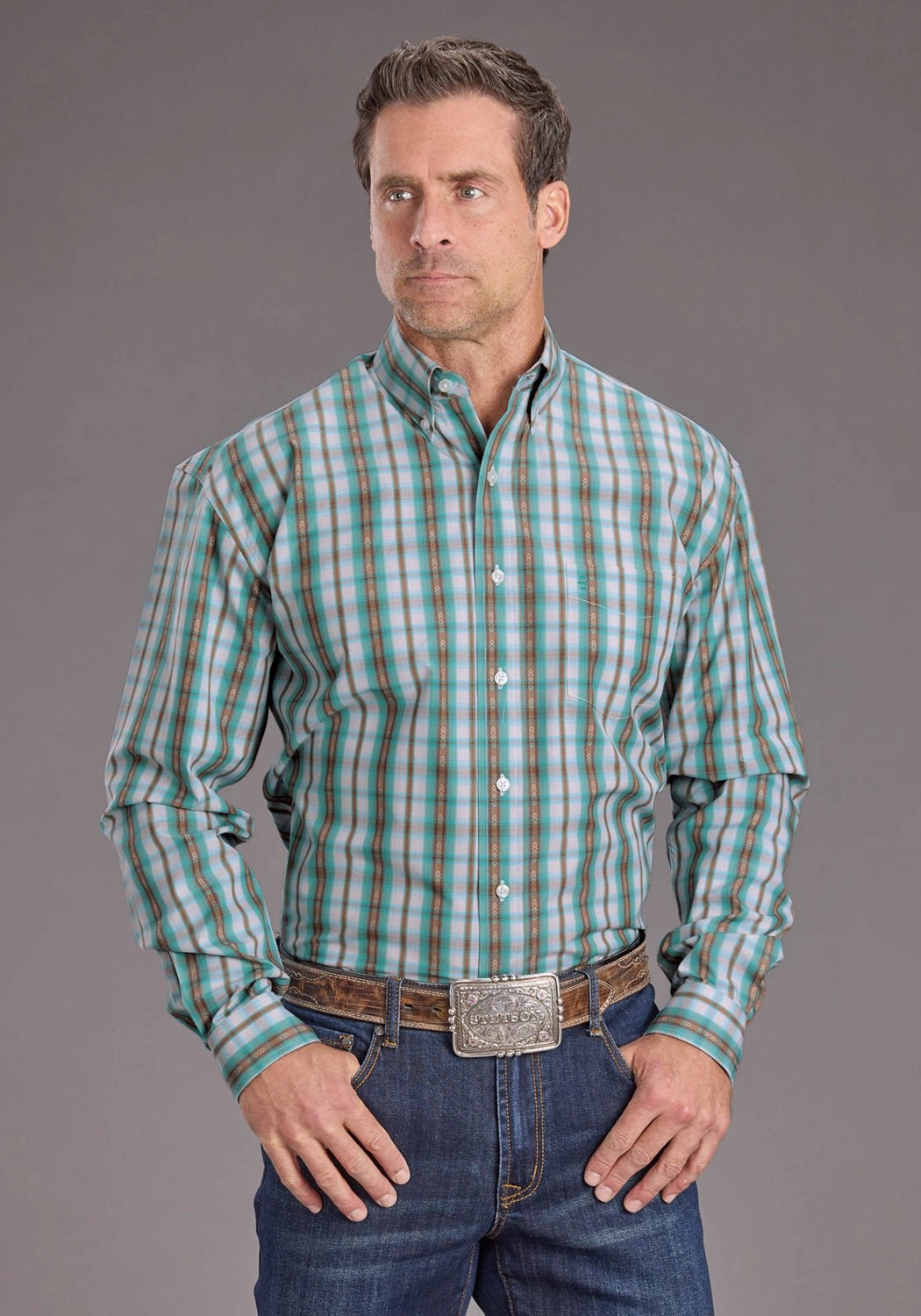 networking event Day-To-Night Wear Stetson Mens Vintage Plaid Turquoise 100% Cotton 1 Pkt L/S Shirt