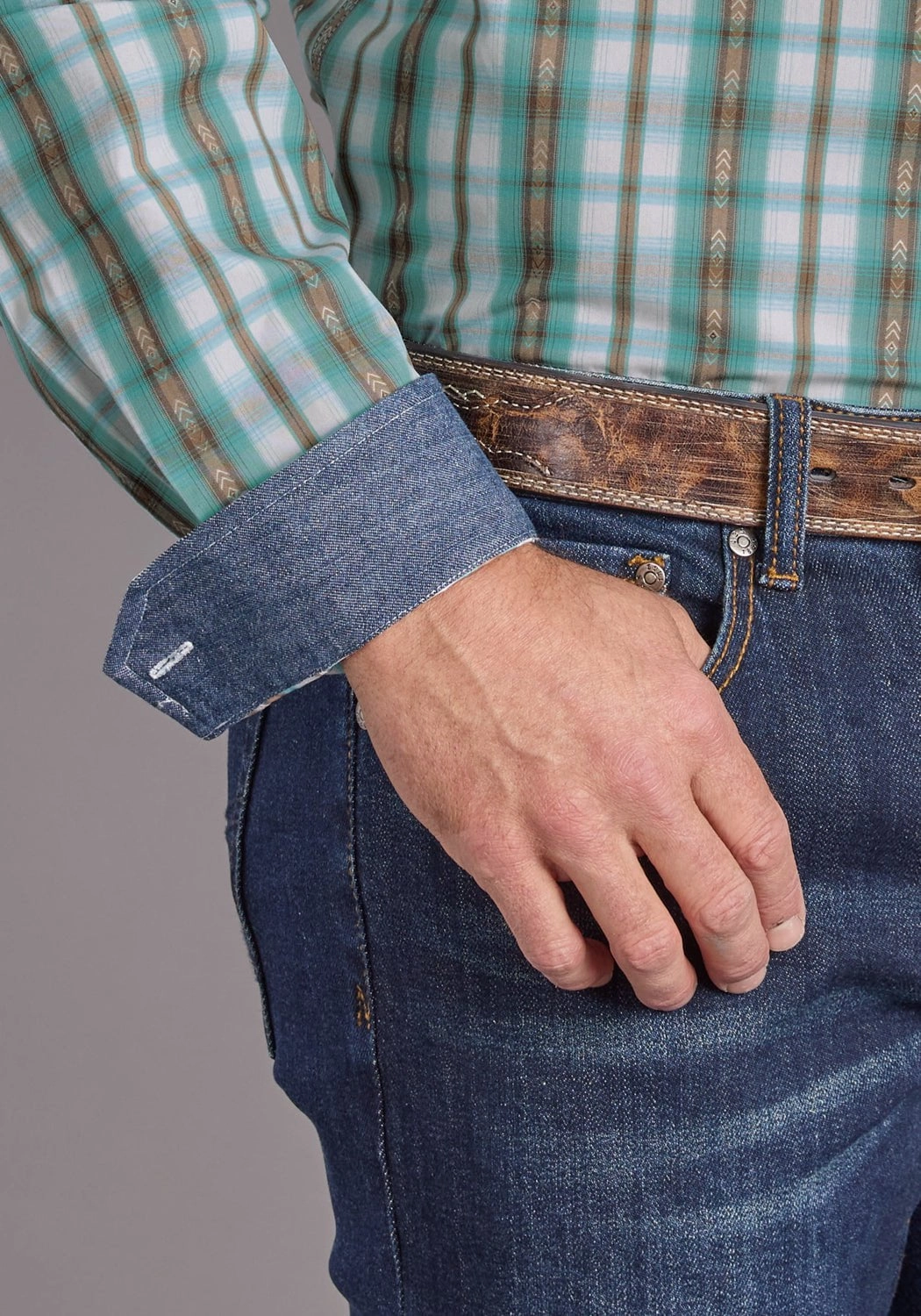 garden party Sleeveless Cut Stetson Mens Vintage Plaid Turquoise 100% Cotton 1 Pkt L/S Shirt