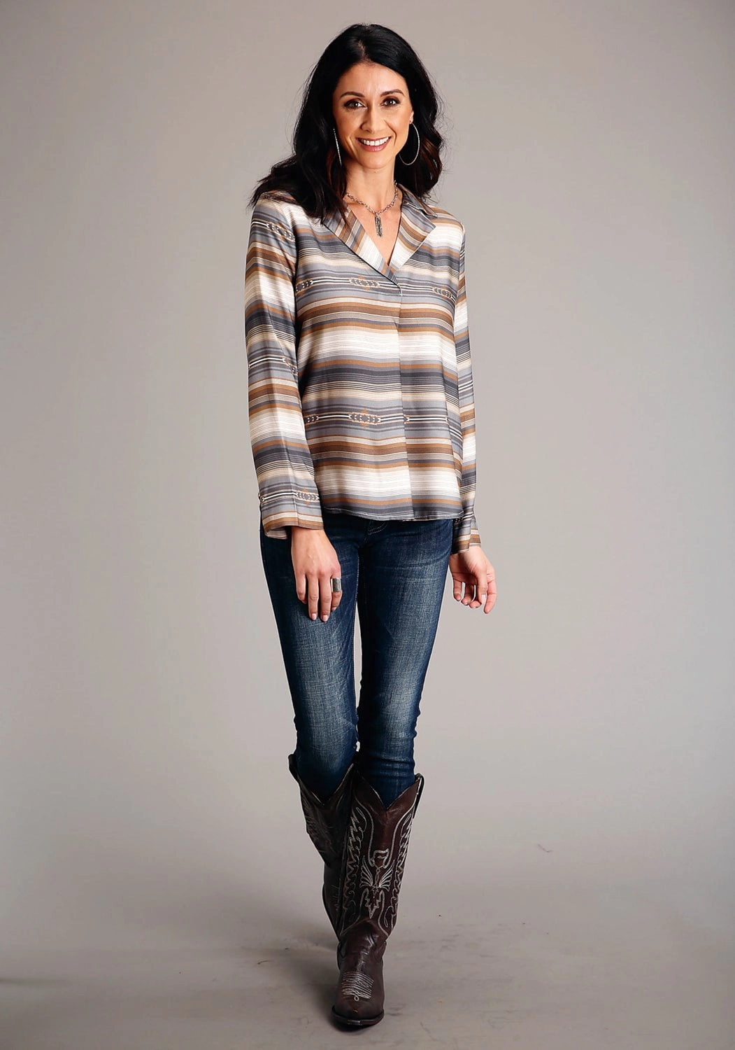 vacation wear Stetson Womens Desert Serape Brown 100% Rayon L/S Blouse