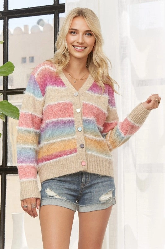 Sheena Color Block Stripe Button Down Cardigan Knitwear Choice All-Season Comfort
