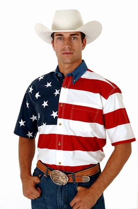 Roper Mens Stars and Stripes Red/Blue 100% Cotton Btn S/S Shirt Double Stitched Hems Beach Ready