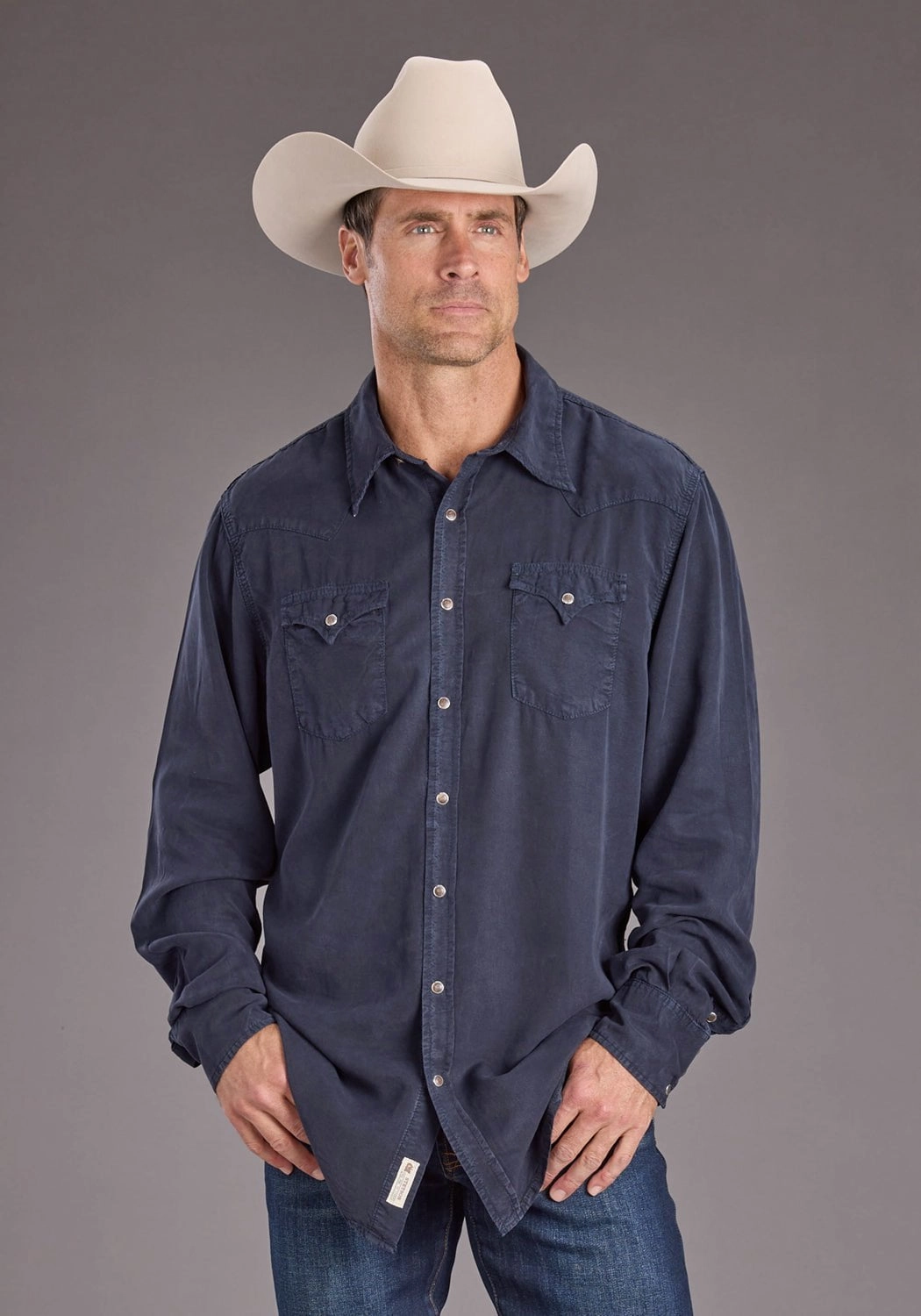 Non Static Finish Stetson Mens Navy Denim Rugged Twill L/S Shirt