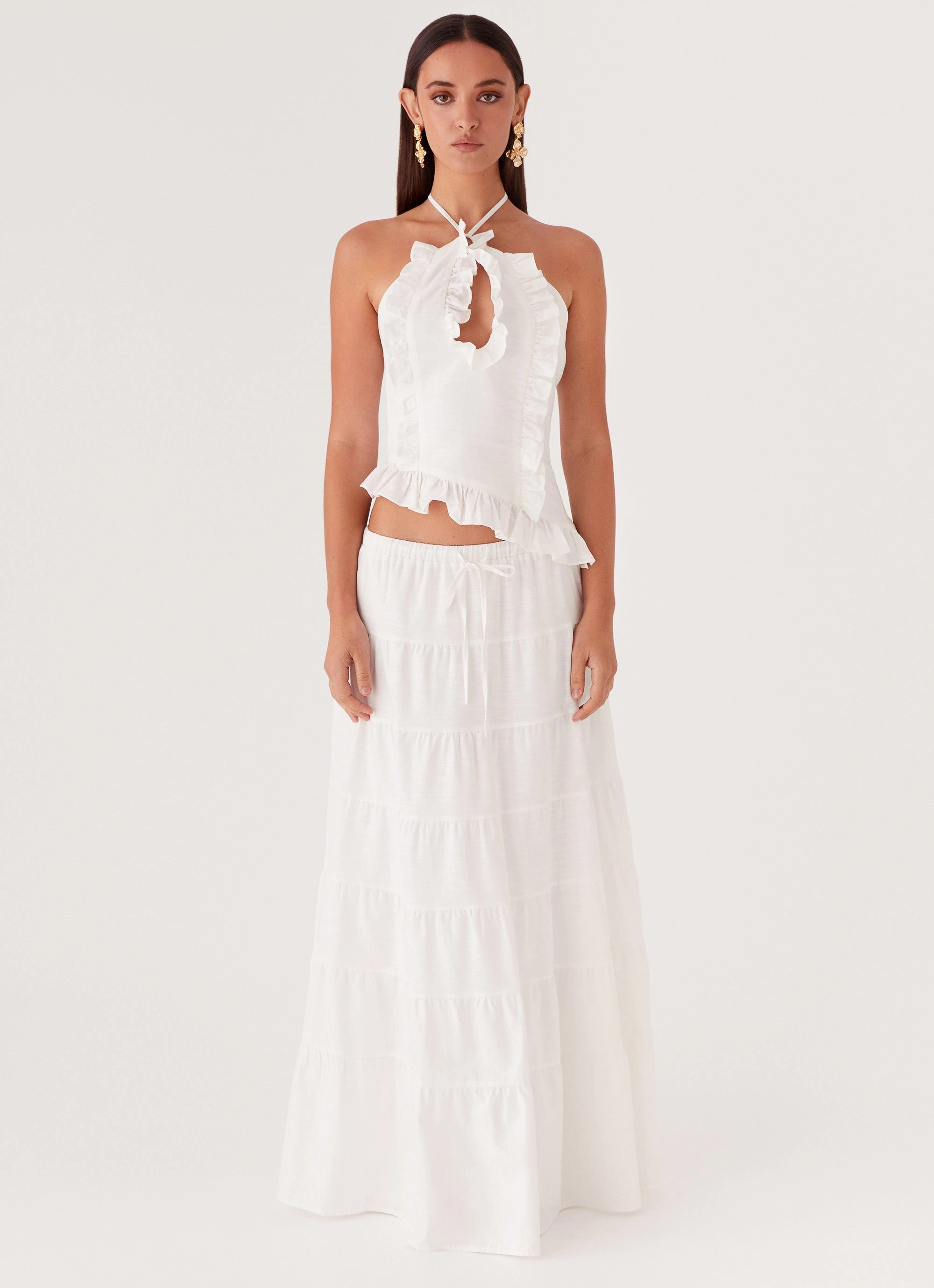 SweatWicking Fabric Reinforced Hem Stitching Mariella Linen Maxi Skirt - White