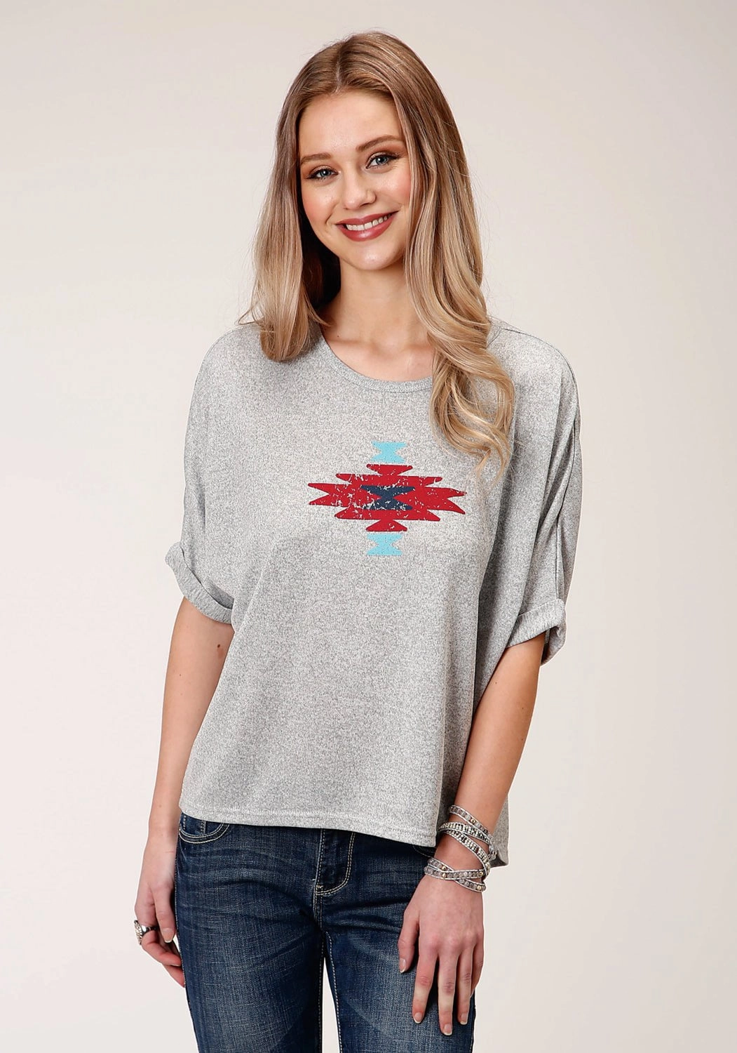 Low Maintenance Lightweight Weave Roper Womens Heather Grey Polyester Dolman Aztec S/S T-Shirt