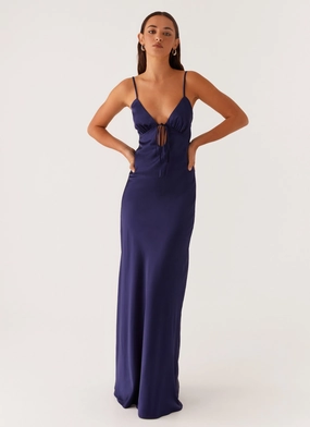 Flora Satin Maxi Dress - Navy Flowing Lines