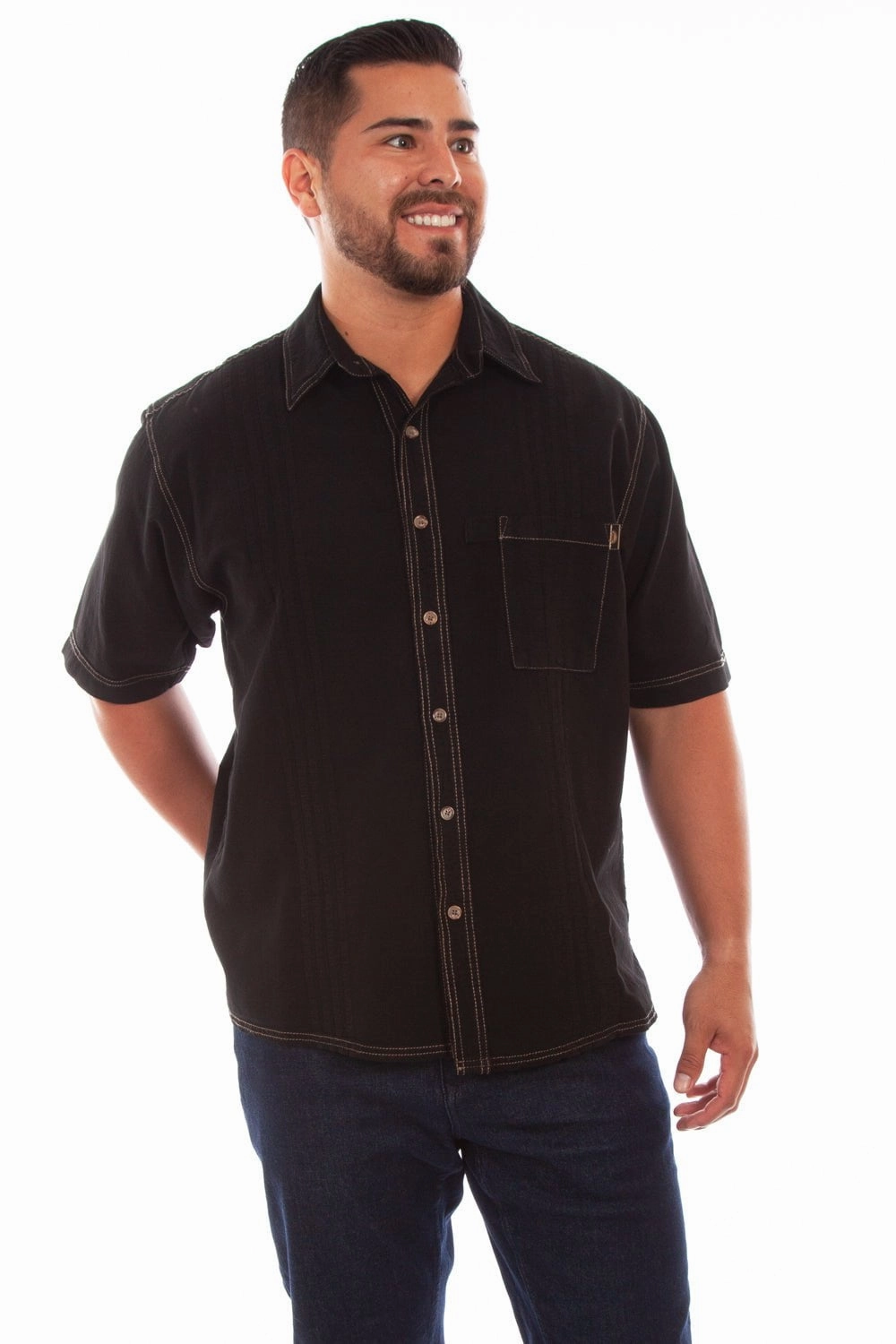 High-End Fabric Contemporary Look Scully Mens Black 100% Cotton Traveler S/S Shirt
