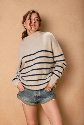 Seasonal Layer Cashmere Blend High Neck Striped Sweater - Cream & Navy