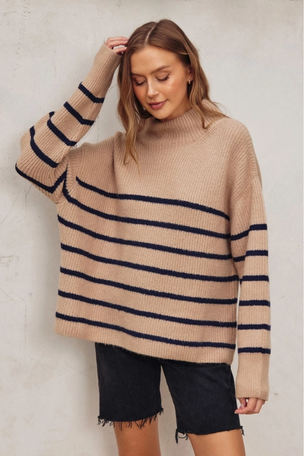 High Neck Striped Sweater - Tan & Black Comfy Material Everyday Style