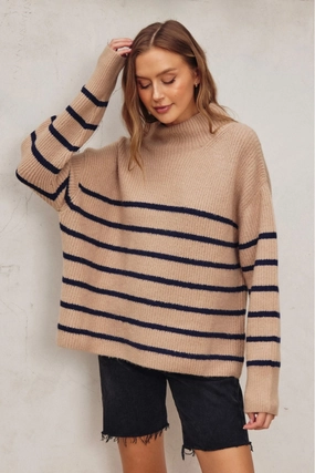 High Neck Striped Sweater - Tan & Black Comfy Material Everyday Style