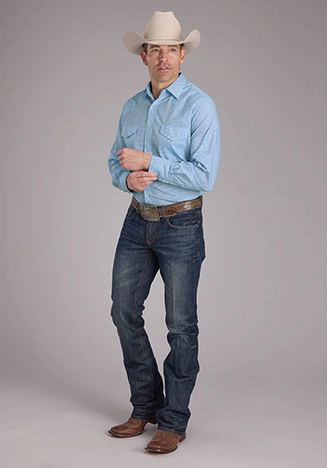 High-Quality Fabric Roper Mens Tall Mini Cross Blue Cotton Blend L/S Shirt