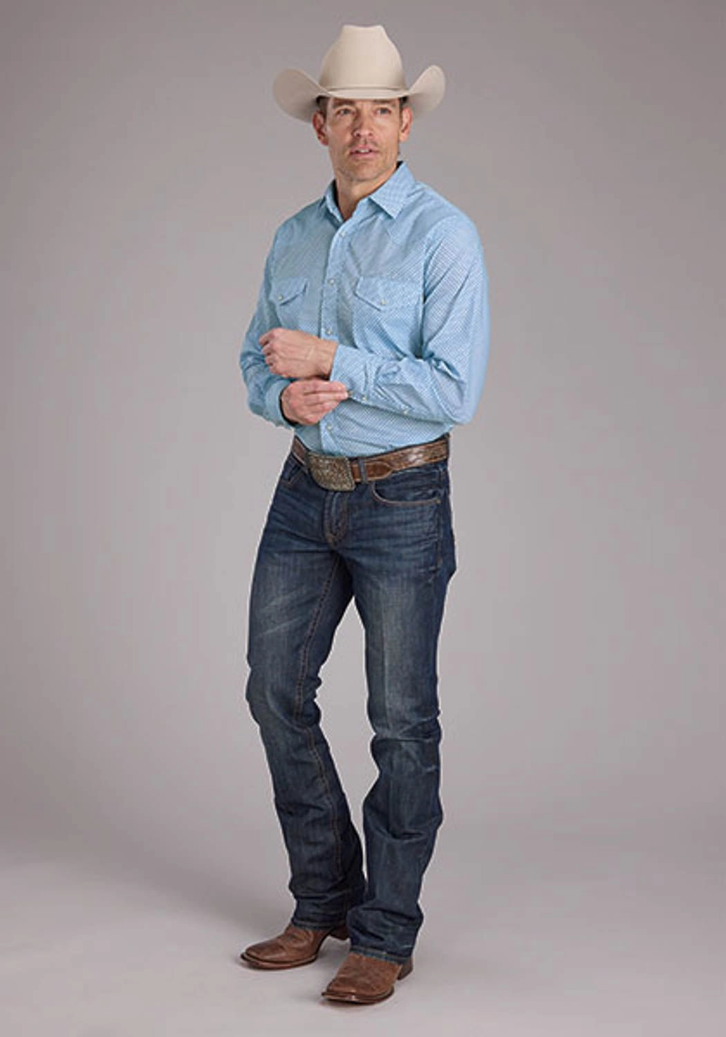 Roper Mens Tall Mini Cross Blue Cotton Blend L/S Shirt Holiday Special Resort Wear