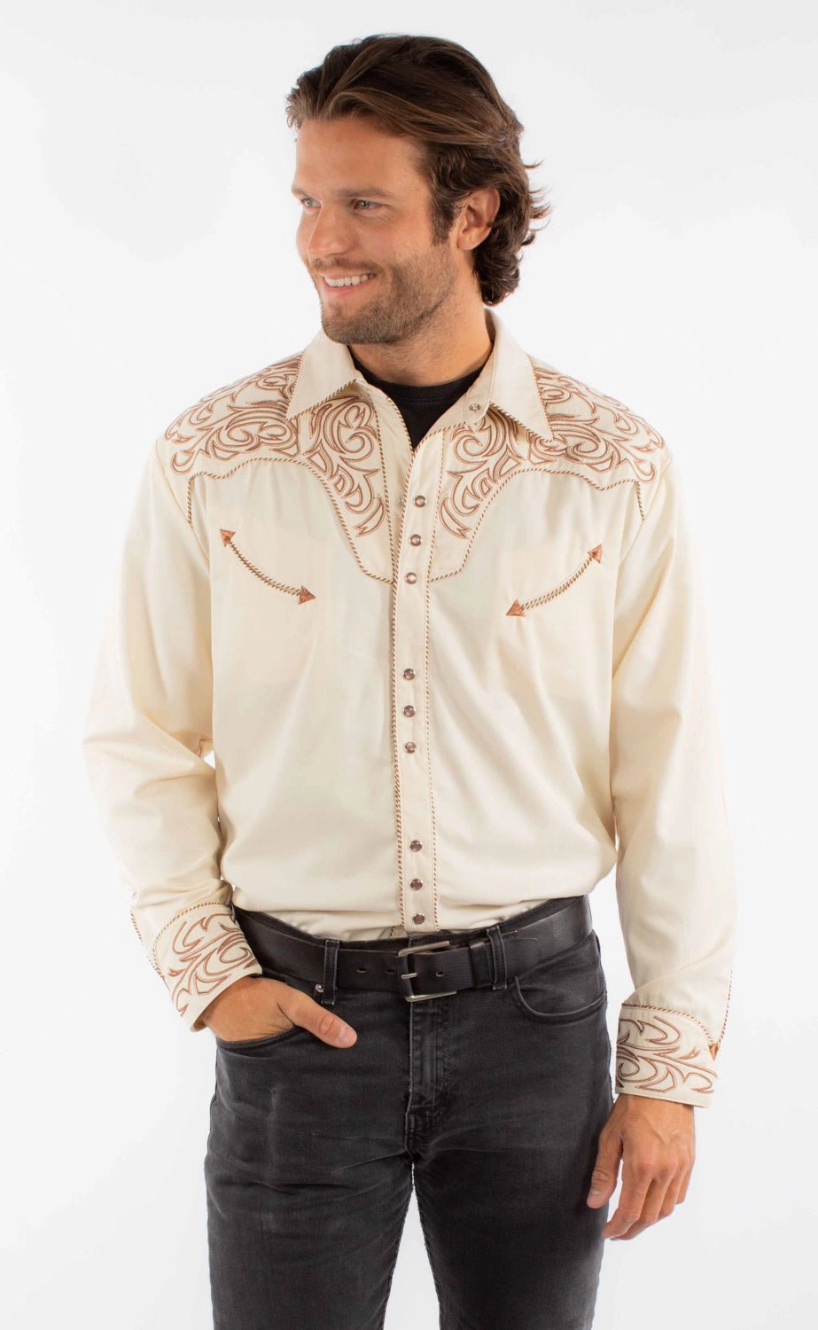 Boho chic Scully Mens Embroidered Scroll Cream Poly/Rayon L/S Shirt