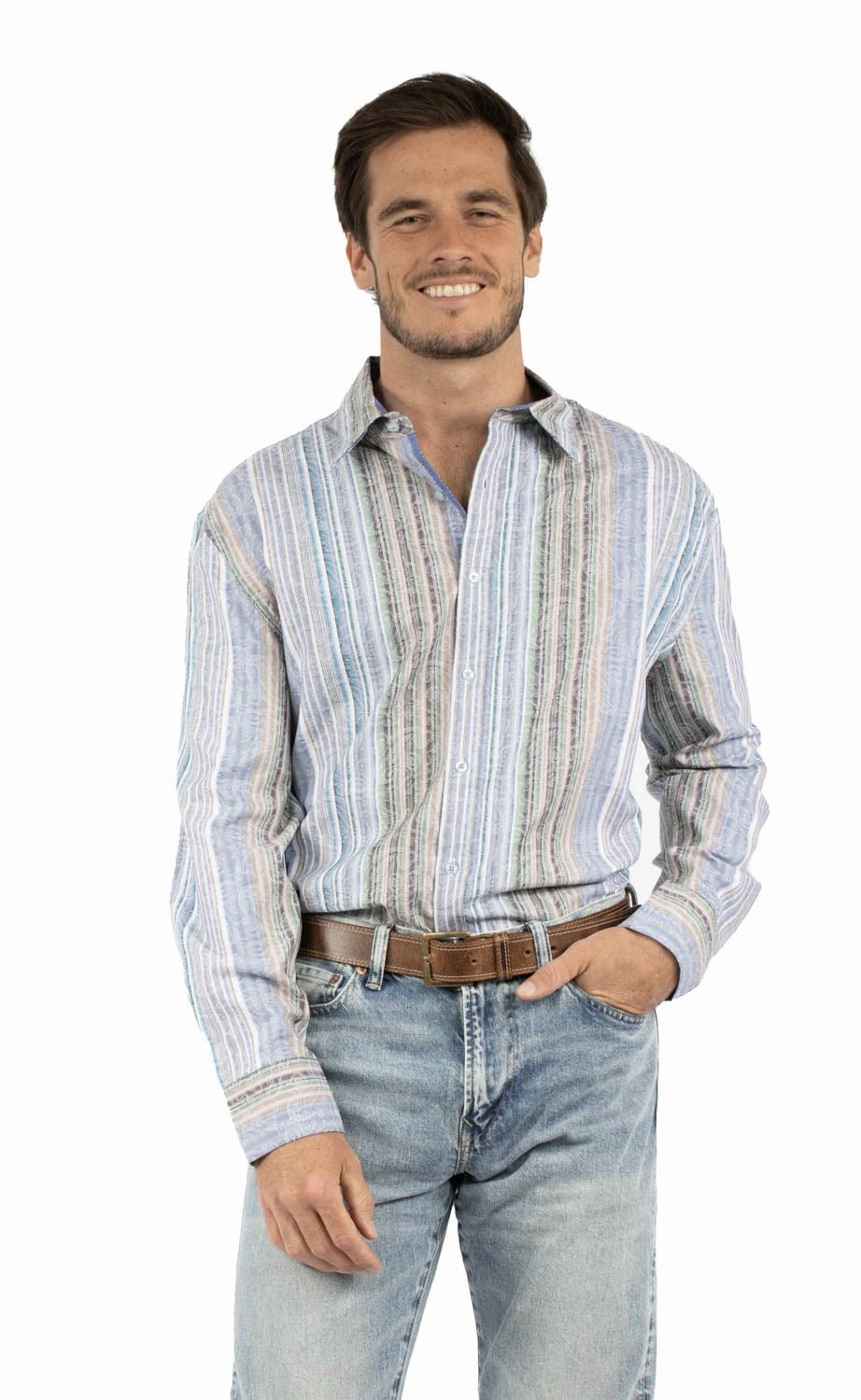 Cocktail Event Layering Piece Scully Mens Paisley Jacquard Stripe Blue 100% Cotton L/S Shirt