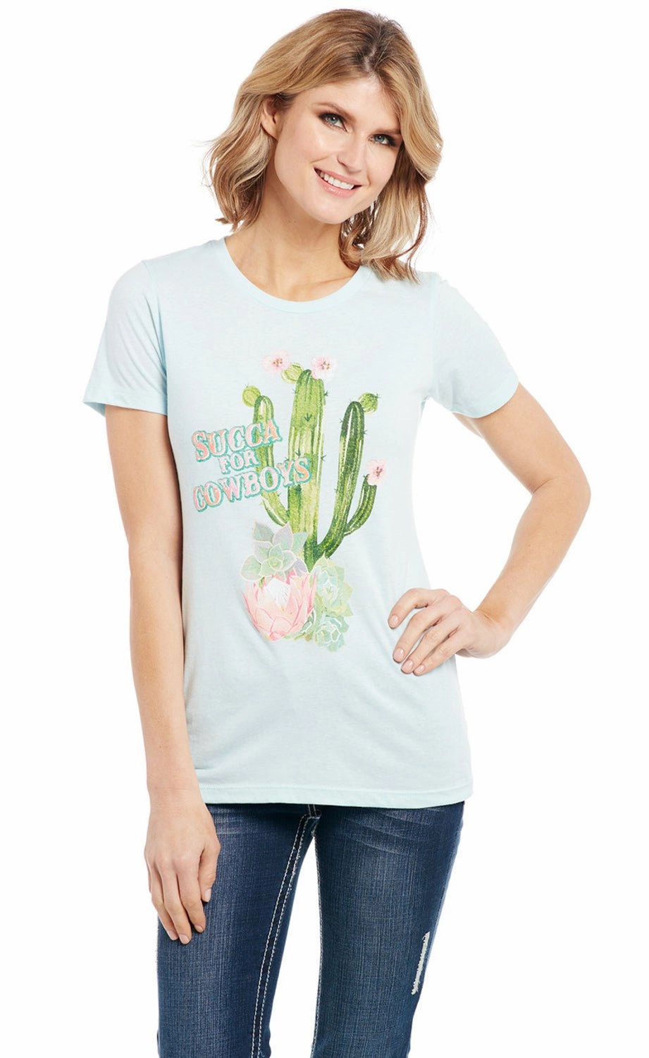 Sustainable Manufacturing Process Cowgirl Up Womens Succa for Cowboys Vintage Blue 100% Cotton S/S T-Shirt