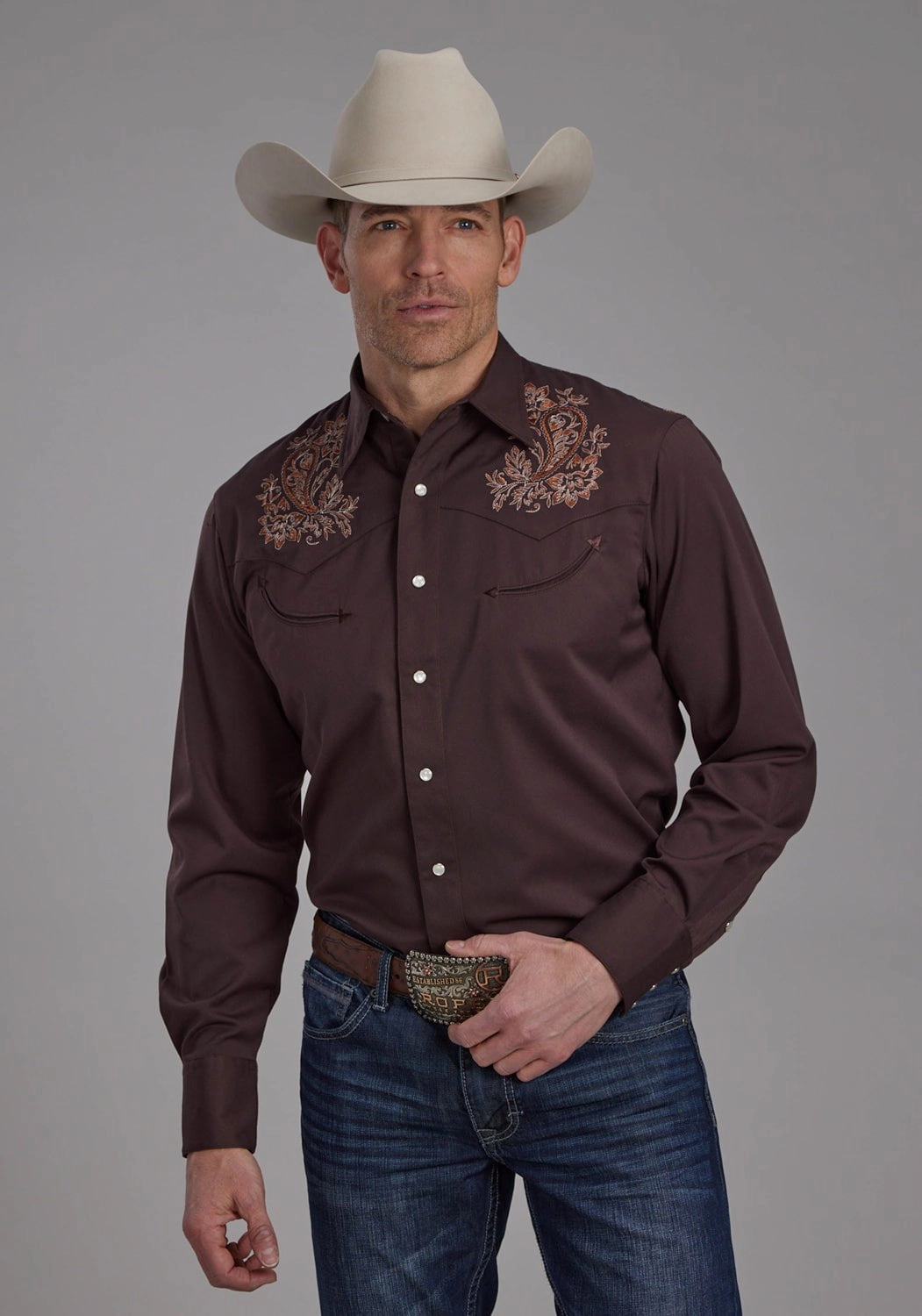 Roper Mens Paisley Western Brown Poly/Rayon L/S Shirt Customizable Option Holiday Style