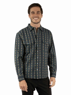 Graphic Art Scully Mens Jacquard Stripe Navy 100% Cotton L/S Shirt