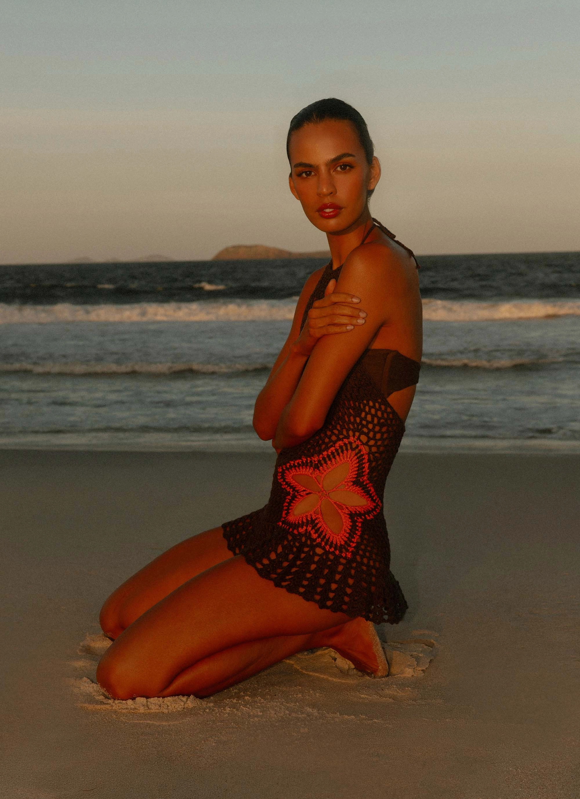 breathable fabric dress Trendy Appearance Henley Crochet Mini Dress - Chocolate