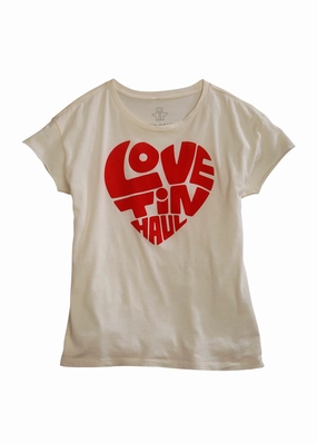 Tin Haul Womens White 100% Cotton Love Heart S/S T-Shirt Versatile Clothing quick dry
