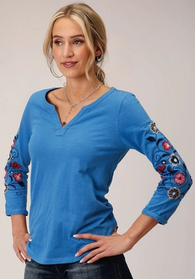 Roper Womens Multi-Color Floral Blue 100% Cotton 3/4 Sleeve S/S Tunic Budget Friendly handmade touch