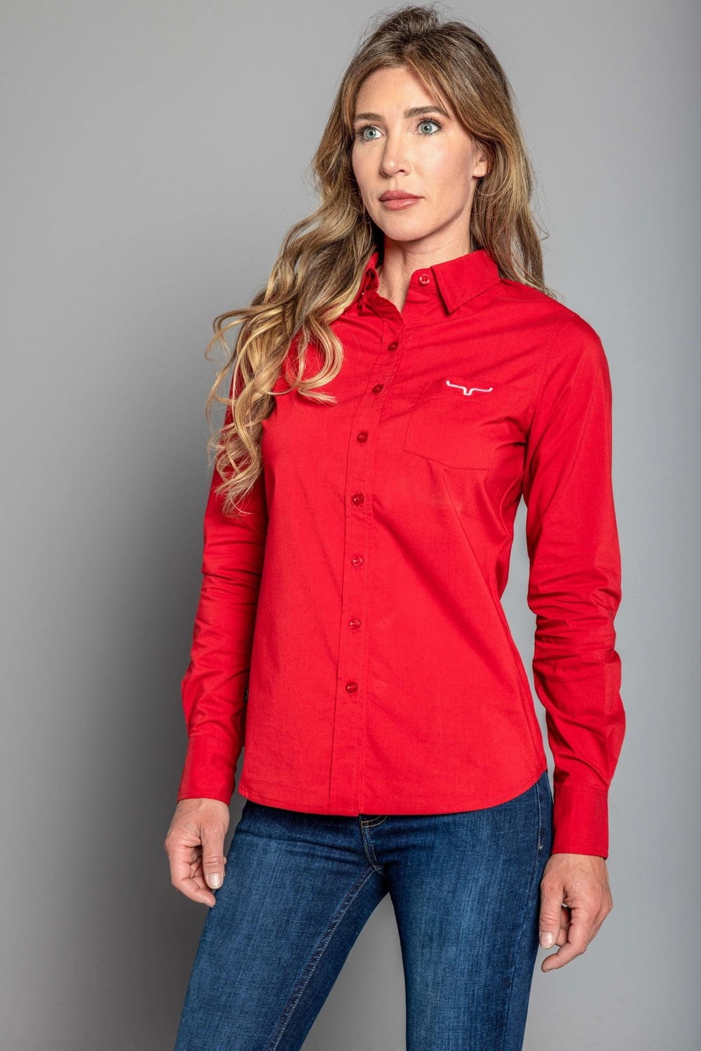 Kimes Ranch Womens Team Shirt Long Red Cotton Blend L/S Shirt Trendsetting Winter Retreat