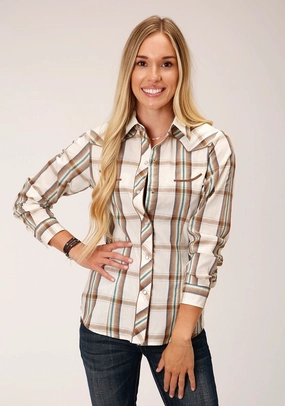 Roper Womens 1633 Large Scale Brown/Green Cotton Blend Retro L/S Shirt V-Neck Embroidered Detail