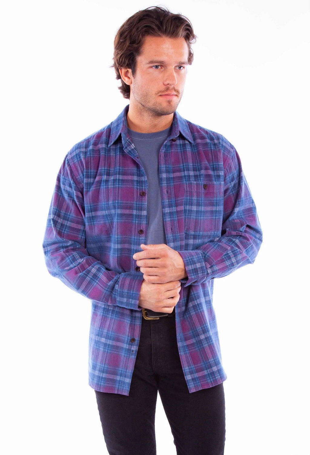 Scully Mens Corduroy Plaid Red/Blue 100% Cotton L/S Shirt Mature appeal